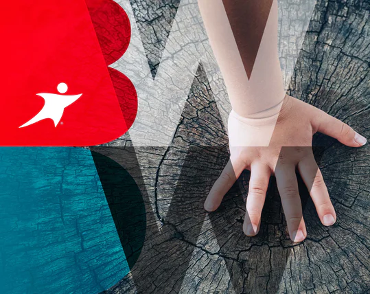 A child's hand on the rings of a tree trunk, with the Be Well Do Well logo laid overtop.